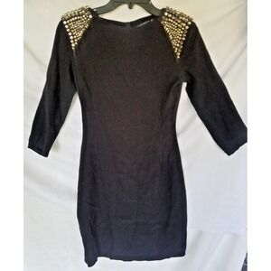 Zara Women's Dress Small Black Rhinestones Studded Fitted Cocktail 3/4 Sleeve